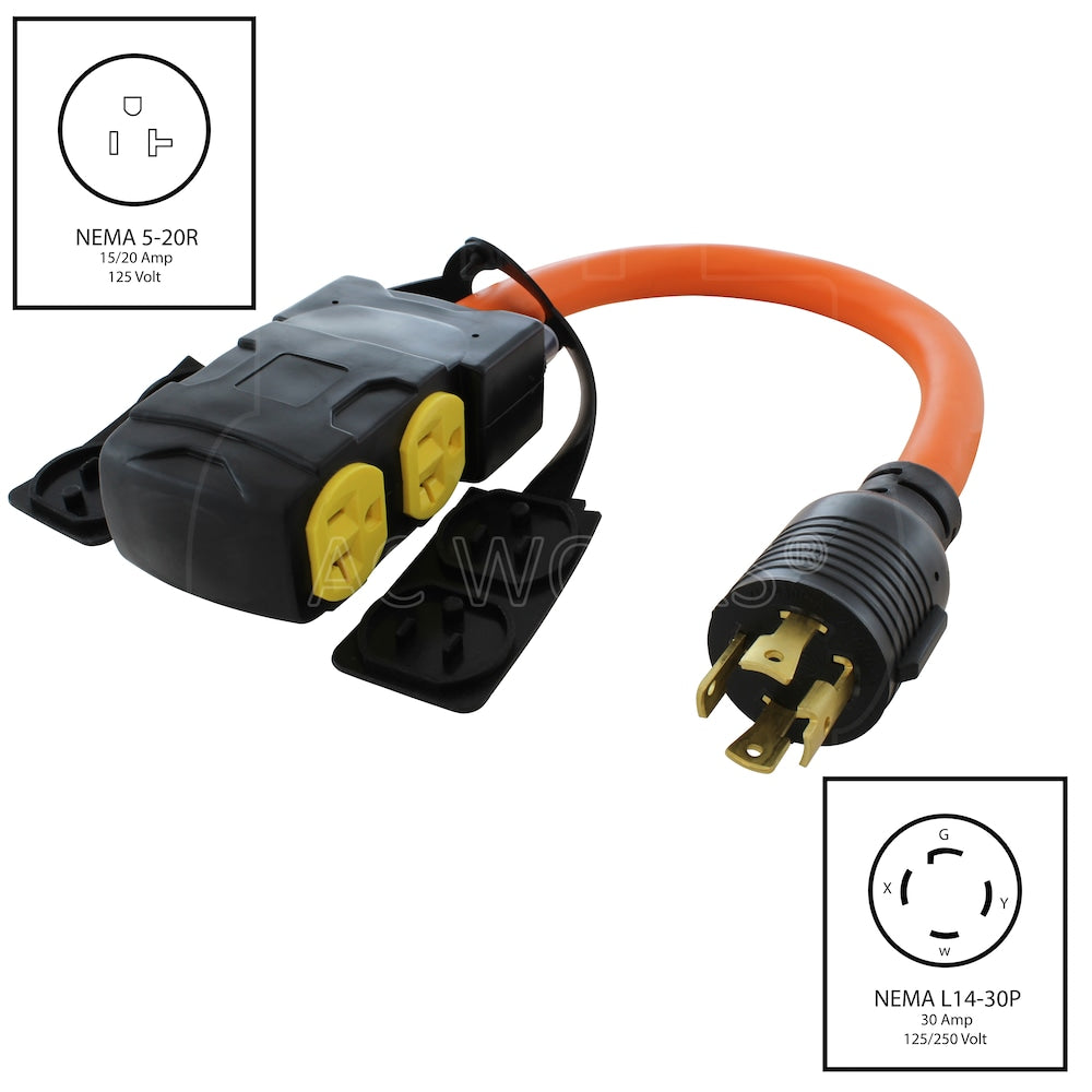 1.5FT L14-30P 30A 4-Prong Locking Plug to (4) Home Outlets with 20A Breaker