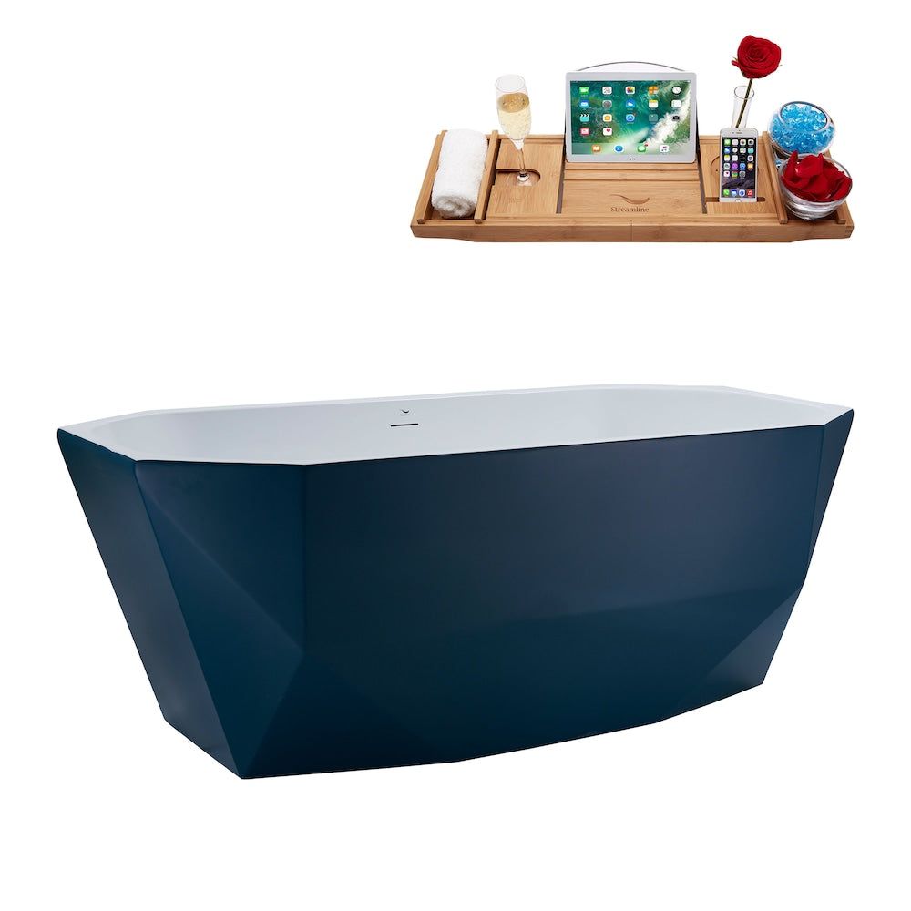 N633BGM 63 inch Freestanding Oval Acrylic Bathtub and Tray in Matte Light Blue with Centre Drain