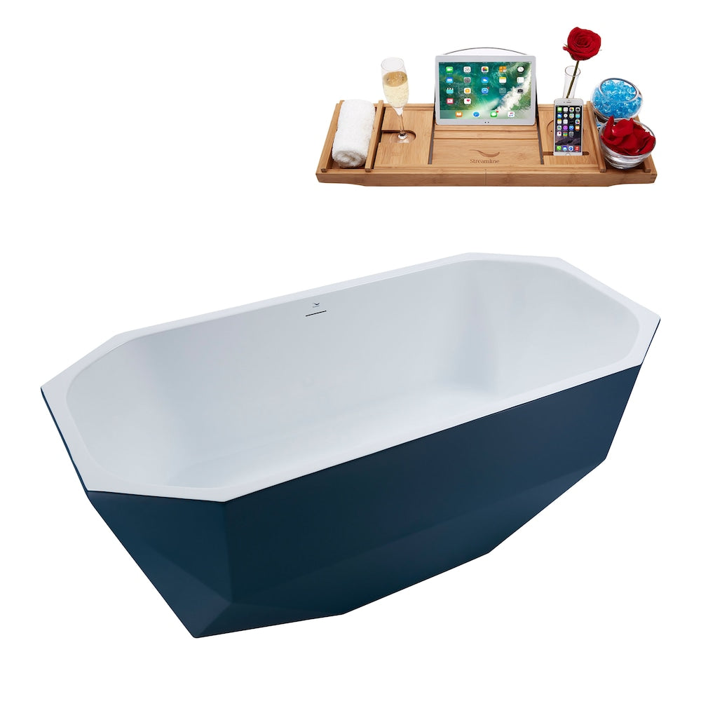 N633BGM 63 inch Freestanding Oval Acrylic Bathtub and Tray in Matte Light Blue with Centre Drain