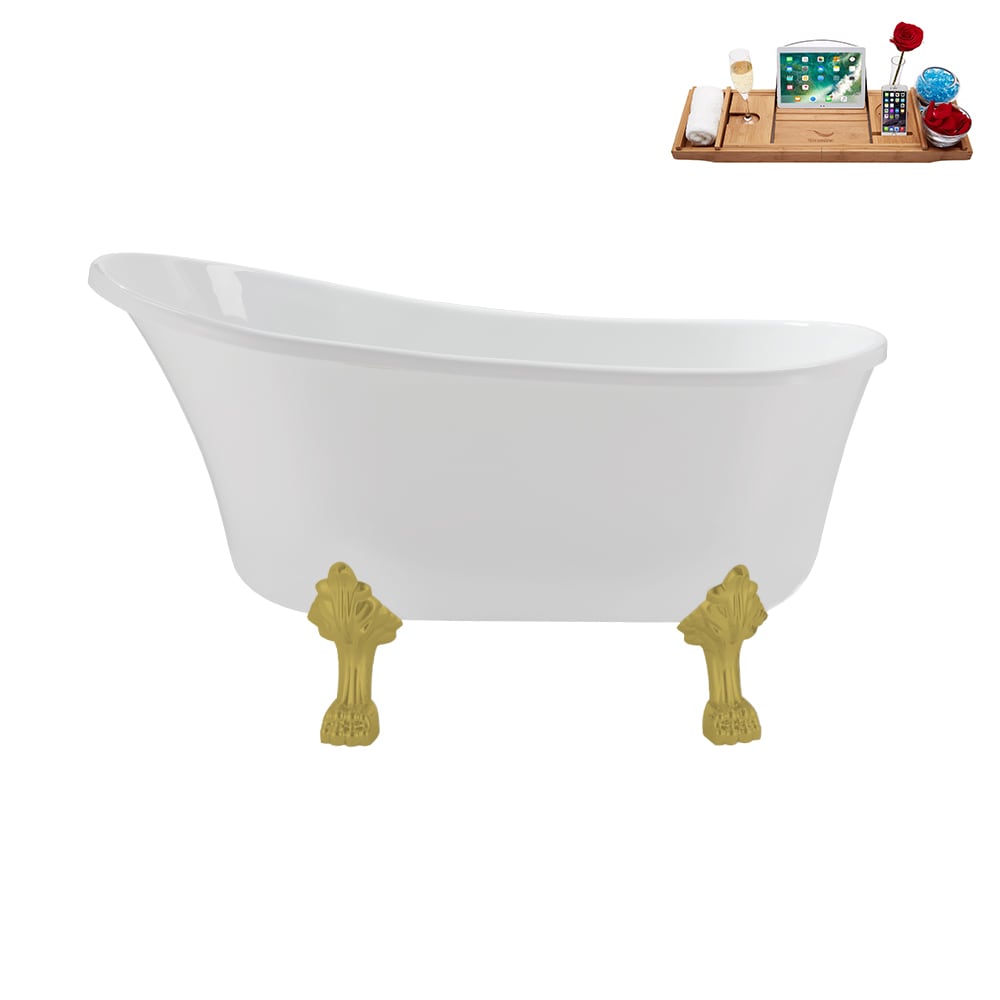 N373BGL-IN-BGM 51 inch Clawfoot Oval Acrylic Bathtub and Tray in Glossy White with Reversible Drain