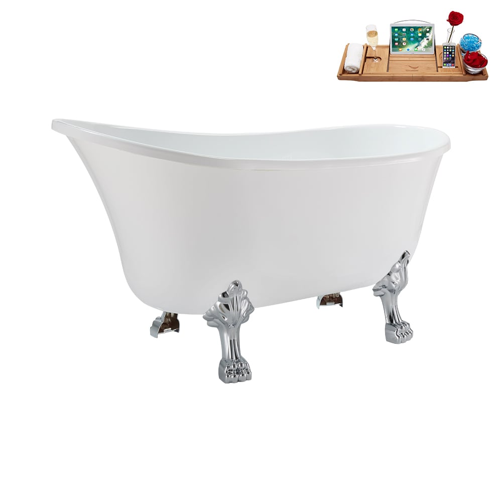 N373CH-IN-BGM 51 inch Clawfoot Oval Acrylic Bathtub and Tray in Glossy White with Reversible Drain