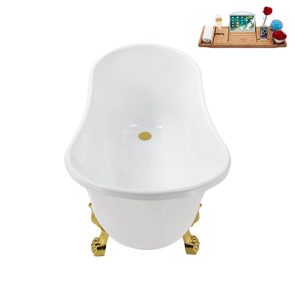 N373GLD-IN-BGL 51 inch Clawfoot Oval Acrylic Bathtub and Tray in Glossy White with Reversible Drain