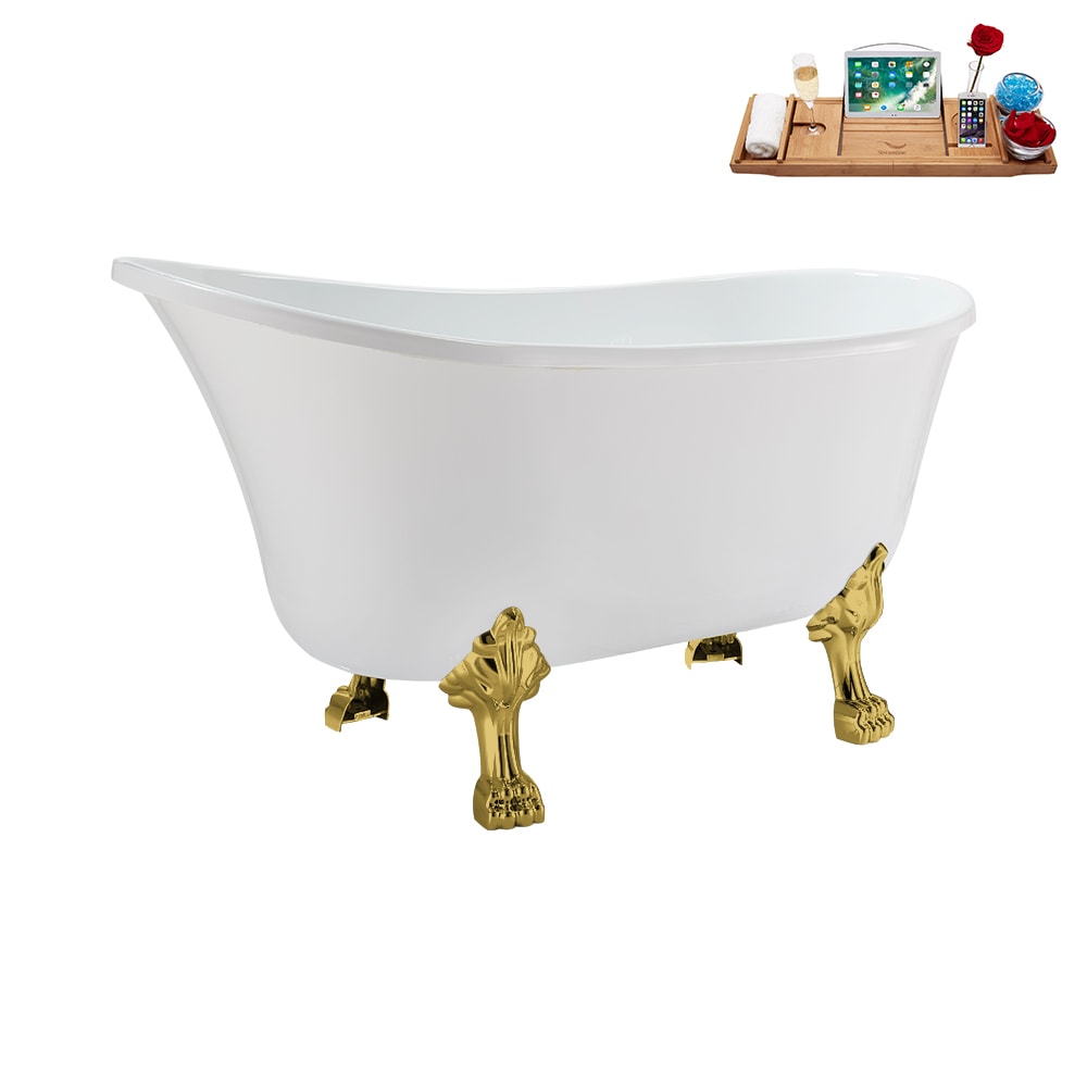 Baignoire ovale en acrylique sur pattes de 51 pouces N373GLD-IN-WH et plateau en blanc brillant avec drain réversible