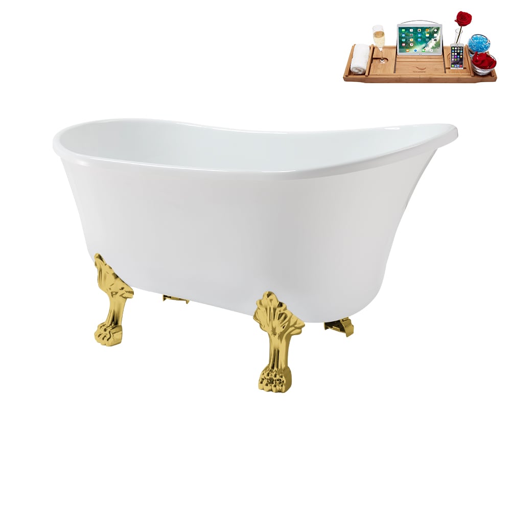 Baignoire ovale en acrylique sur pattes de 51 pouces N373GLD-IN-WH et plateau en blanc brillant avec drain réversible