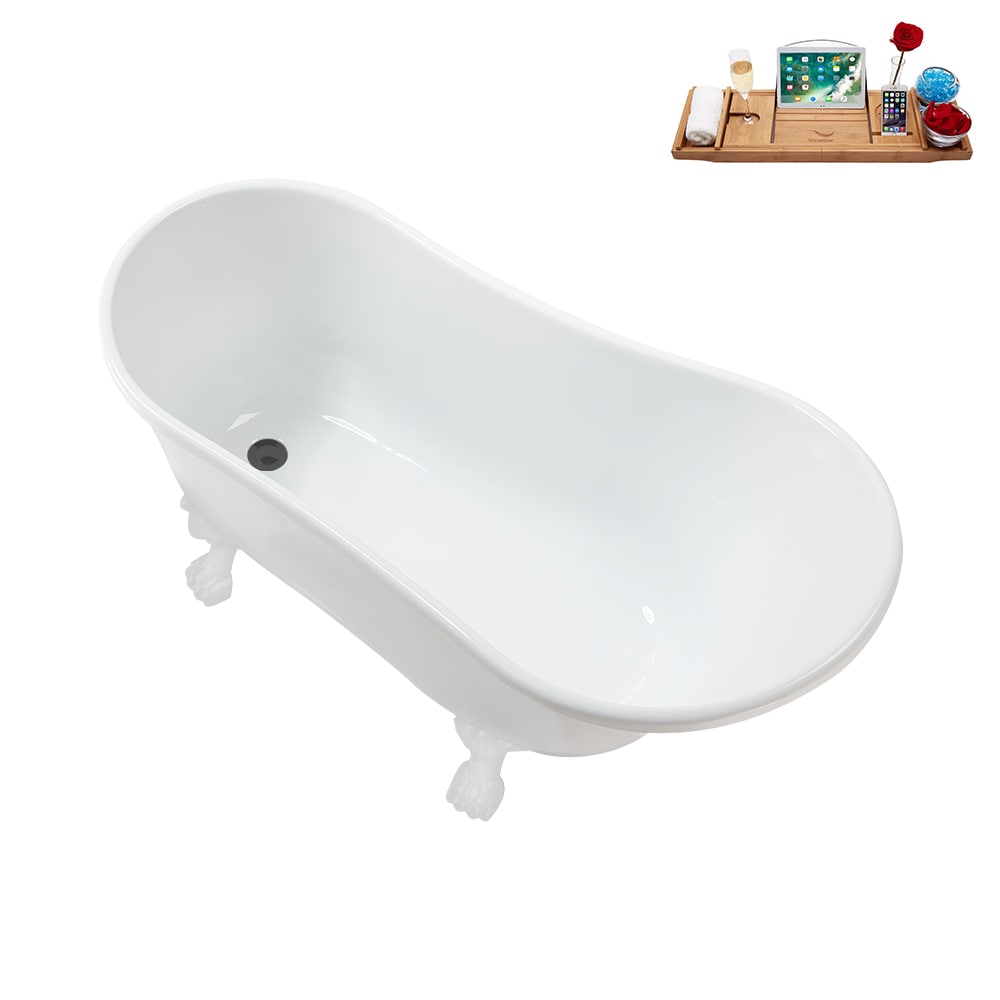 N373WH-IN-BGM 51 inch Clawfoot Oval Acrylic Bathtub and Tray in Glossy White with Reversible Drain
