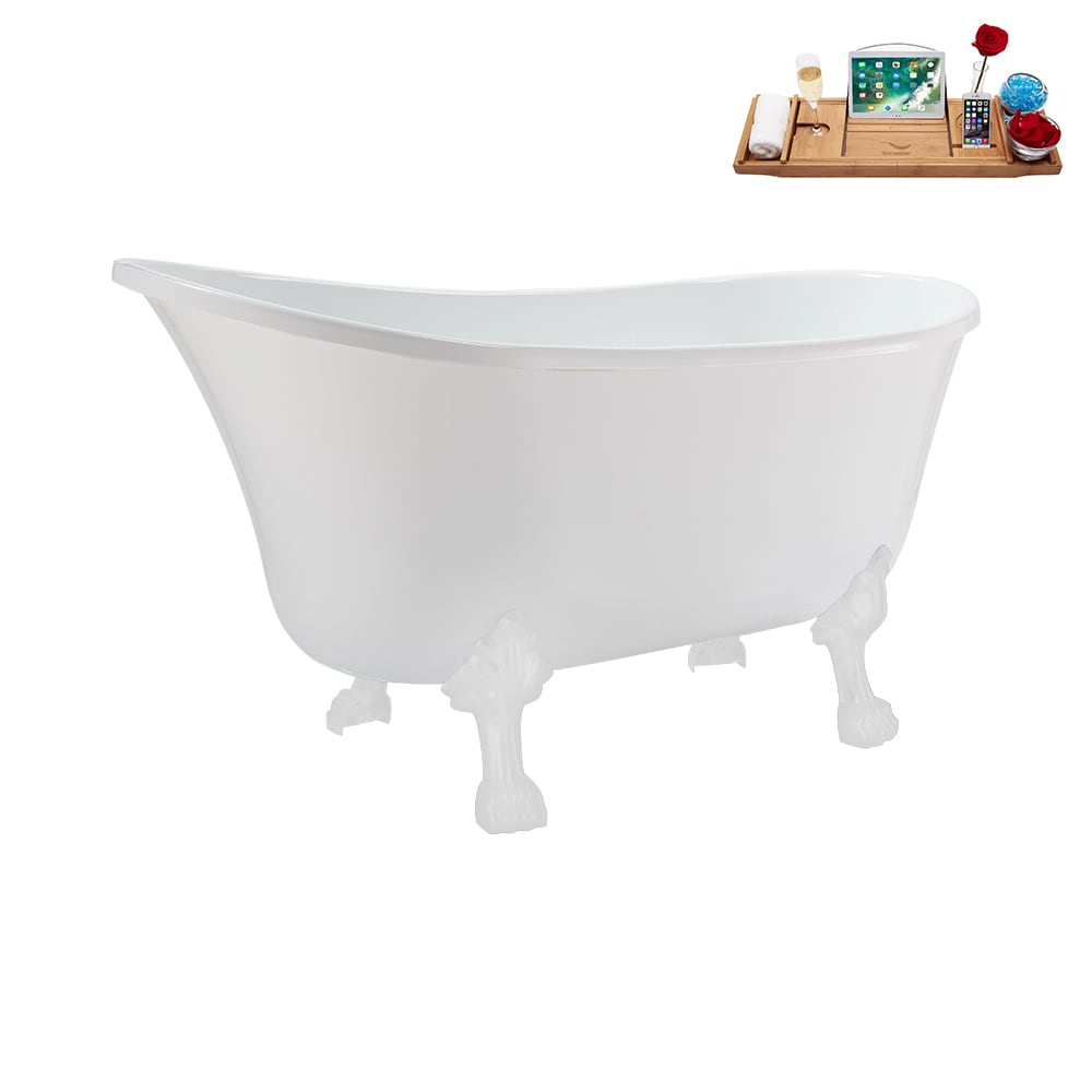 N373WH-IN-BNK 51 inch Clawfoot Oval Acrylic Bathtub and Tray in Glossy White with Reversible Drain