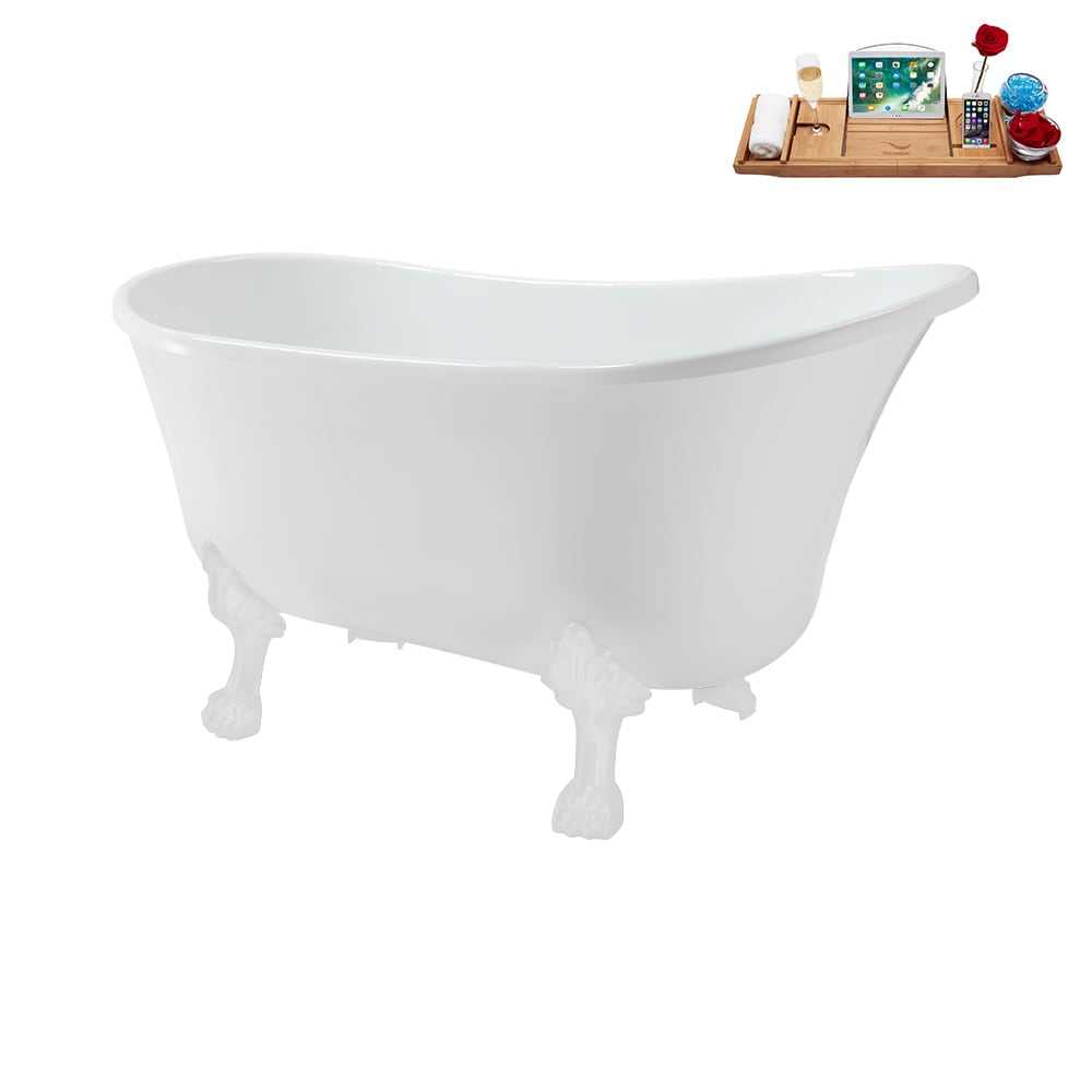 N373WH-IN-BNK 51 inch Clawfoot Oval Acrylic Bathtub and Tray in Glossy White with Reversible Drain