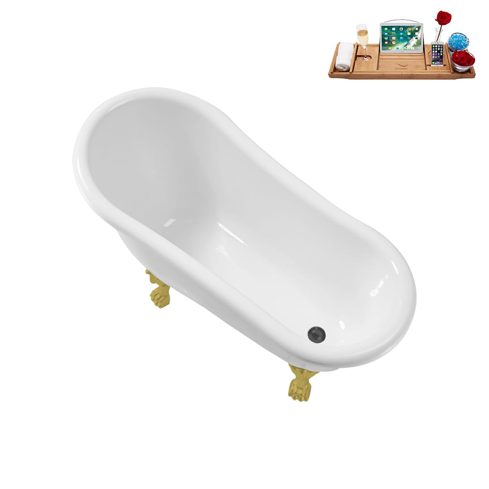 N488BGL-IN-BGM 53 inch Clawfoot Oval Acrylic Bathtub and Tray in Glossy White with Reversible Drain