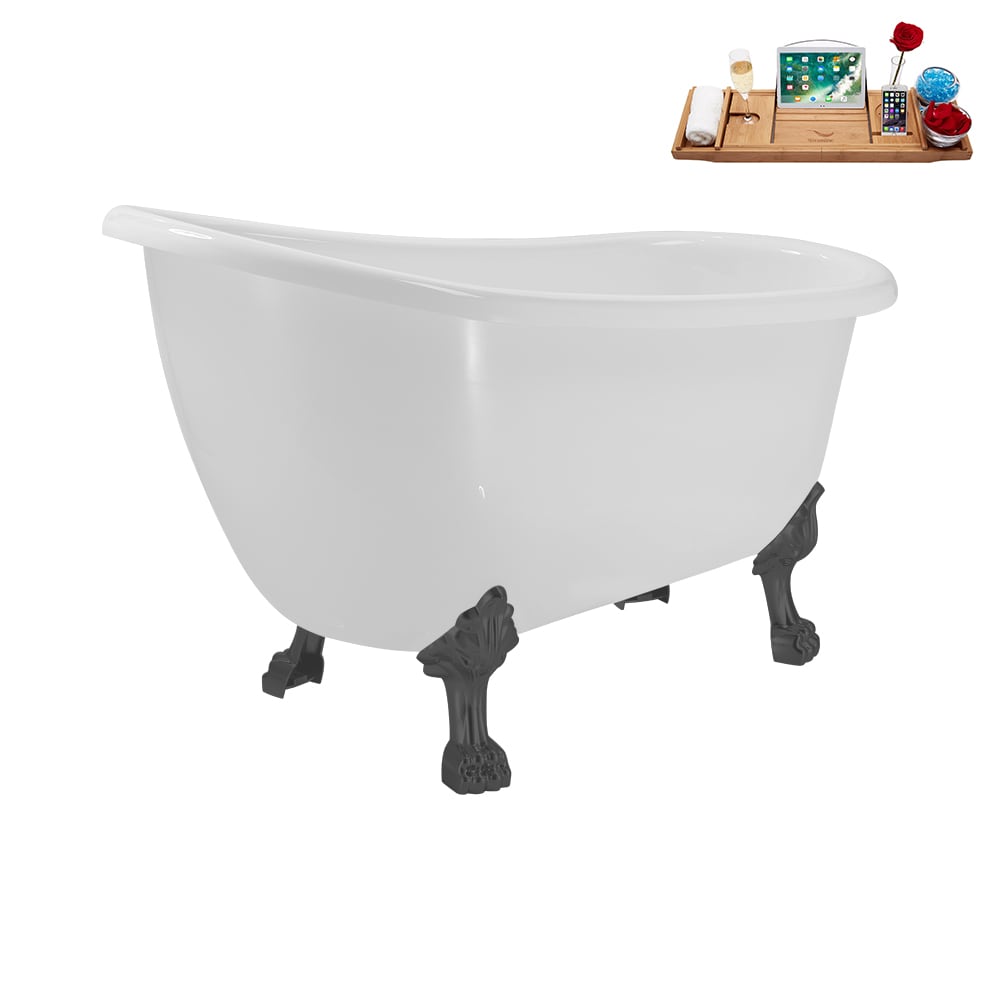 N488BGM-IN-BGL 53 inch Clawfoot Oval Acrylic Bathtub and Tray in Glossy White with Reversible Drain