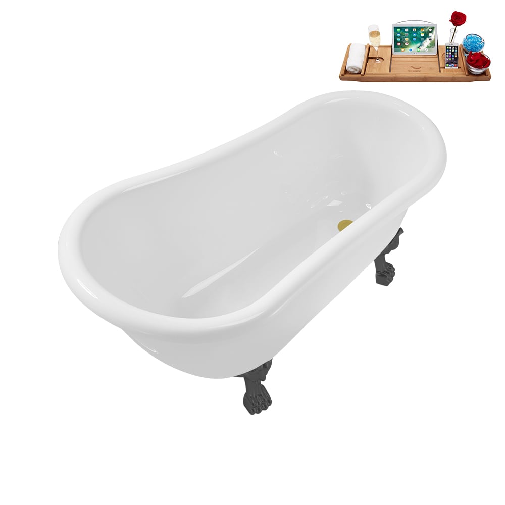 N488BGM-IN-BGL 53 inch Clawfoot Oval Acrylic Bathtub and Tray in Glossy White with Reversible Drain
