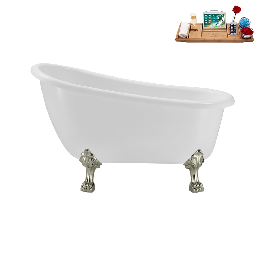 N488BNK-IN-BGM 53 inch Clawfoot Oval Acrylic Bathtub and Tray in Glossy White with Reversible Drain