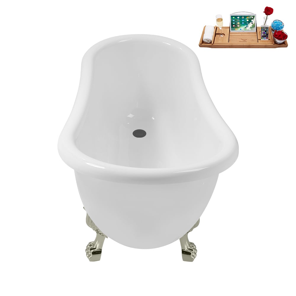 N488BNK-IN-BGM 53 inch Clawfoot Oval Acrylic Bathtub and Tray in Glossy White with Reversible Drain