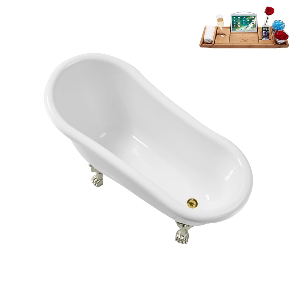 N488BNK-IN-GLD 53 inch Clawfoot Oval Acrylic Bathtub and Tray in Glossy White with Reversible Drain