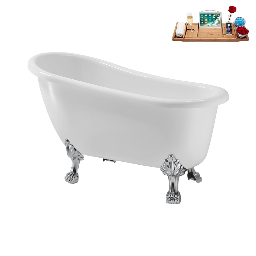 N488CH-IN-BGL 53 inch Clawfoot Oval Acrylic Bathtub and Tray in Glossy White with Reversible Drain