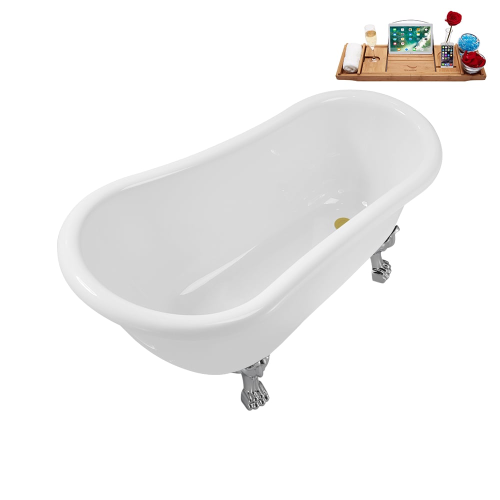 N488CH-IN-BGL 53 inch Clawfoot Oval Acrylic Bathtub and Tray in Glossy White with Reversible Drain