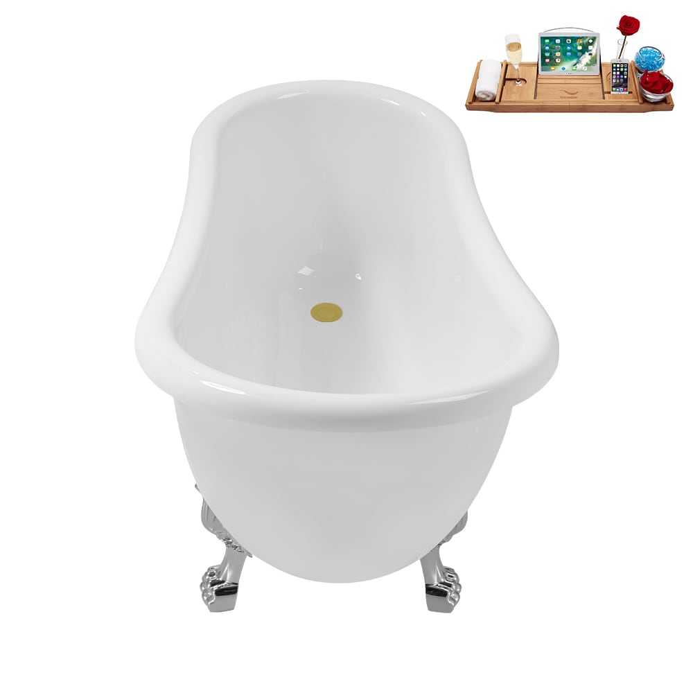 N488CH-IN-BGL 53 inch Clawfoot Oval Acrylic Bathtub and Tray in Glossy White with Reversible Drain