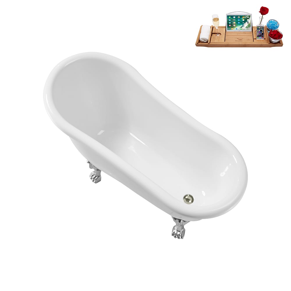 N488CH-IN-BNK 53 inch Clawfoot Oval Acrylic Bathtub and Tray in Glossy White with Reversible Drain