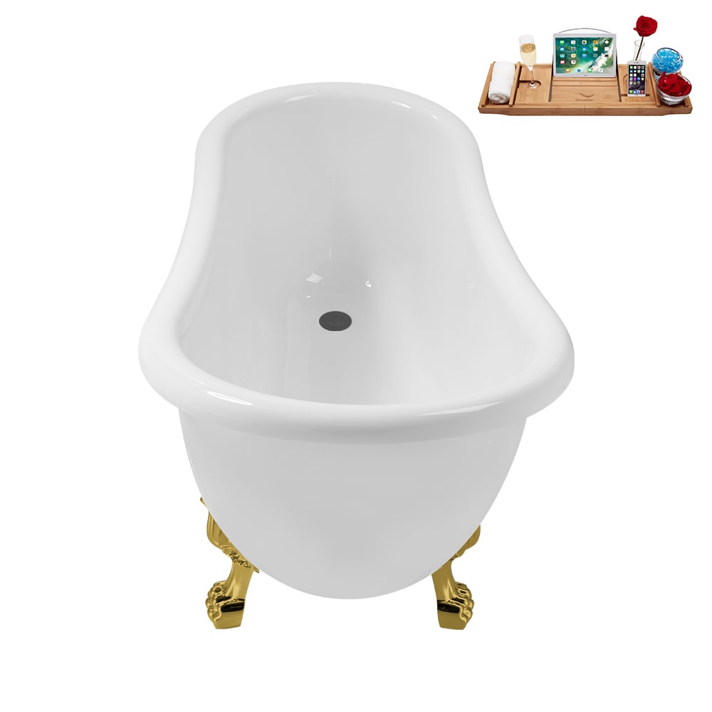 N488GLD-IN-BGM 53 inch Clawfoot Oval Acrylic Bathtub and Tray in Glossy White with Reversible Drain