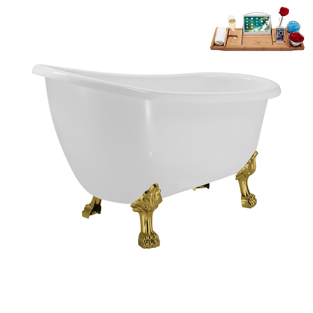 N488GLD-IN-BNK 53 inch Clawfoot Oval Acrylic Bathtub and Tray in Glossy White with Reversible Drain