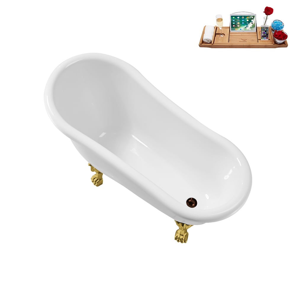 N488GLD-IN-ORB 53 inch Clawfoot Oval Acrylic Bathtub and Tray in Glossy White with Reversible Drain