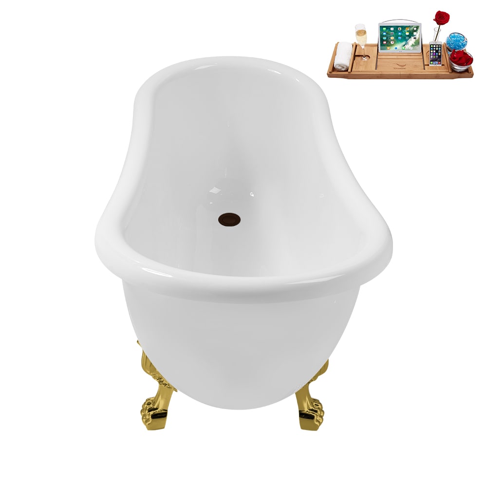 N488GLD-IN-ORB 53 inch Clawfoot Oval Acrylic Bathtub and Tray in Glossy White with Reversible Drain