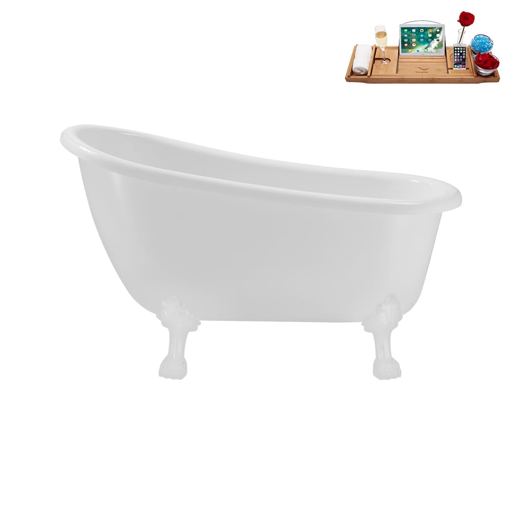 N488WH-IN-BGL 53 inch Clawfoot Oval Acrylic Bathtub and Tray in Glossy White with Reversible Drain