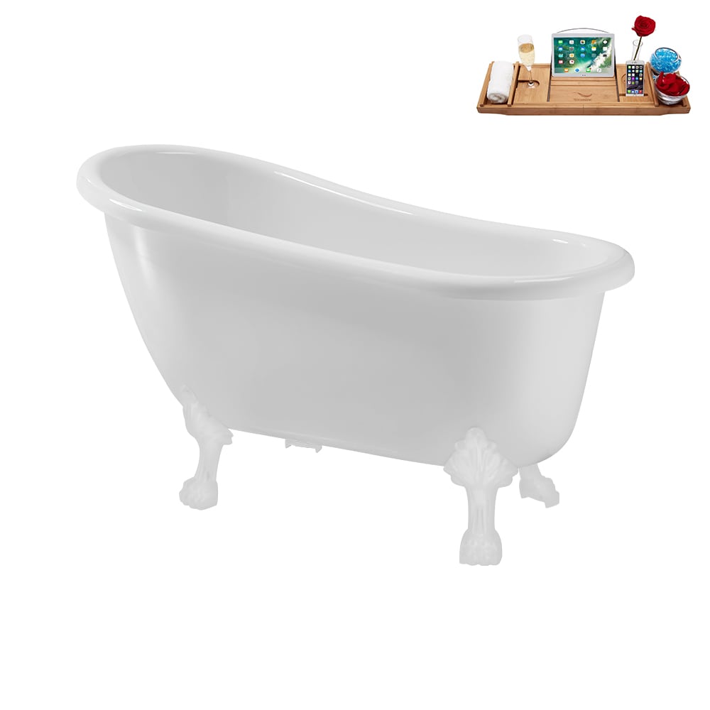 N488WH-IN-BGL 53 inch Clawfoot Oval Acrylic Bathtub and Tray in Glossy White with Reversible Drain