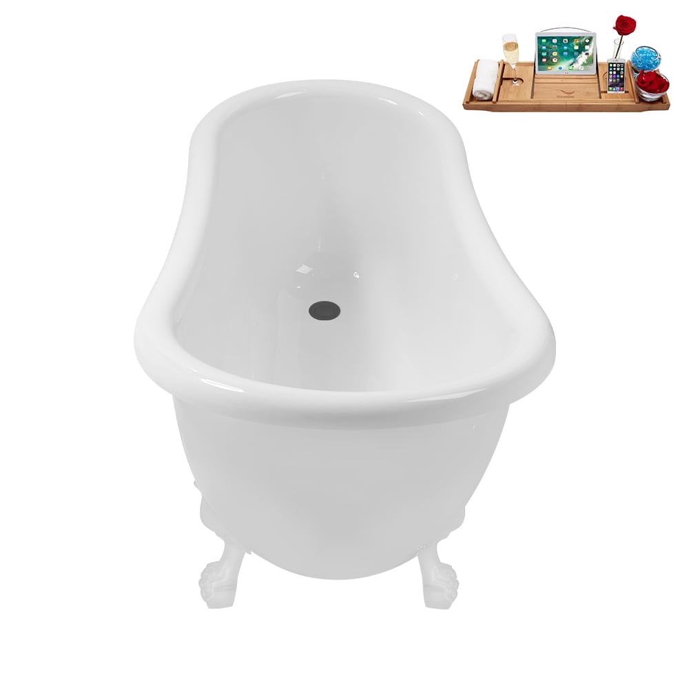 N488WH-IN-BGM 53 inch Clawfoot Oval Acrylic Bathtub and Tray in Glossy White with Reversible Drain