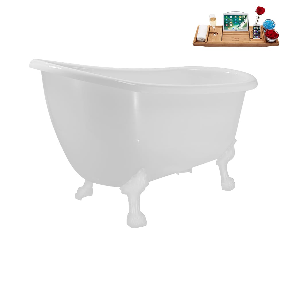 N488WH-IN-BNK 53 inch Clawfoot Oval Acrylic Bathtub and Tray in Glossy White with Reversible Drain
