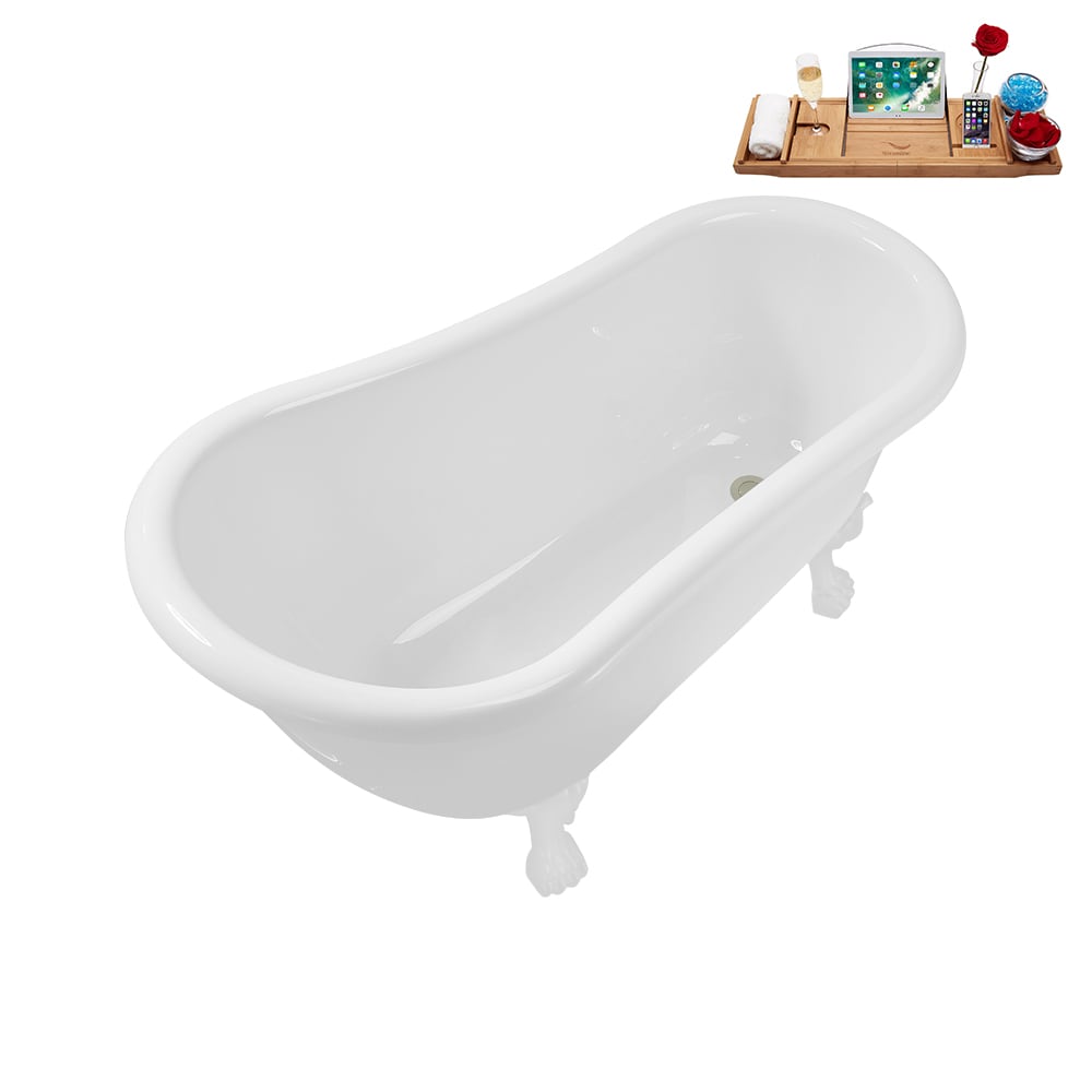 N488WH-IN-BNK 53 inch Clawfoot Oval Acrylic Bathtub and Tray in Glossy White with Reversible Drain