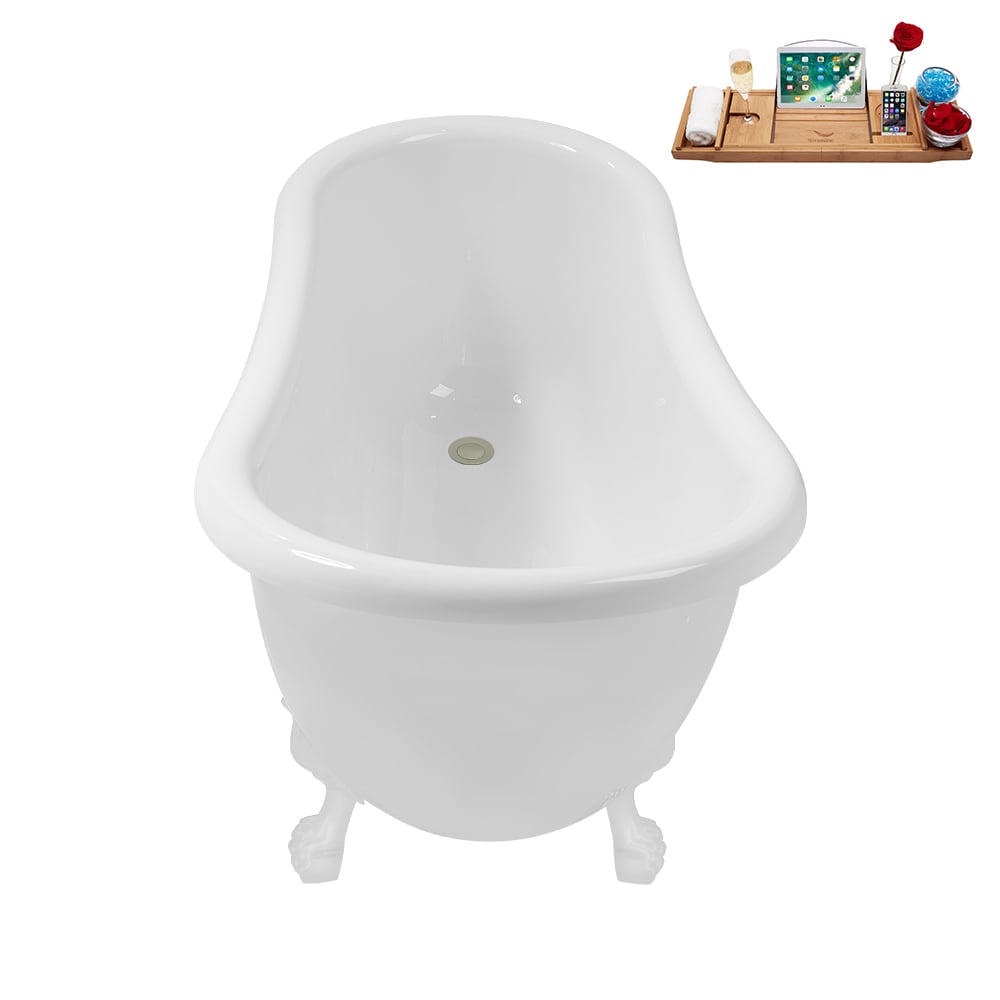 N488WH-IN-BNK 53 inch Clawfoot Oval Acrylic Bathtub and Tray in Glossy White with Reversible Drain