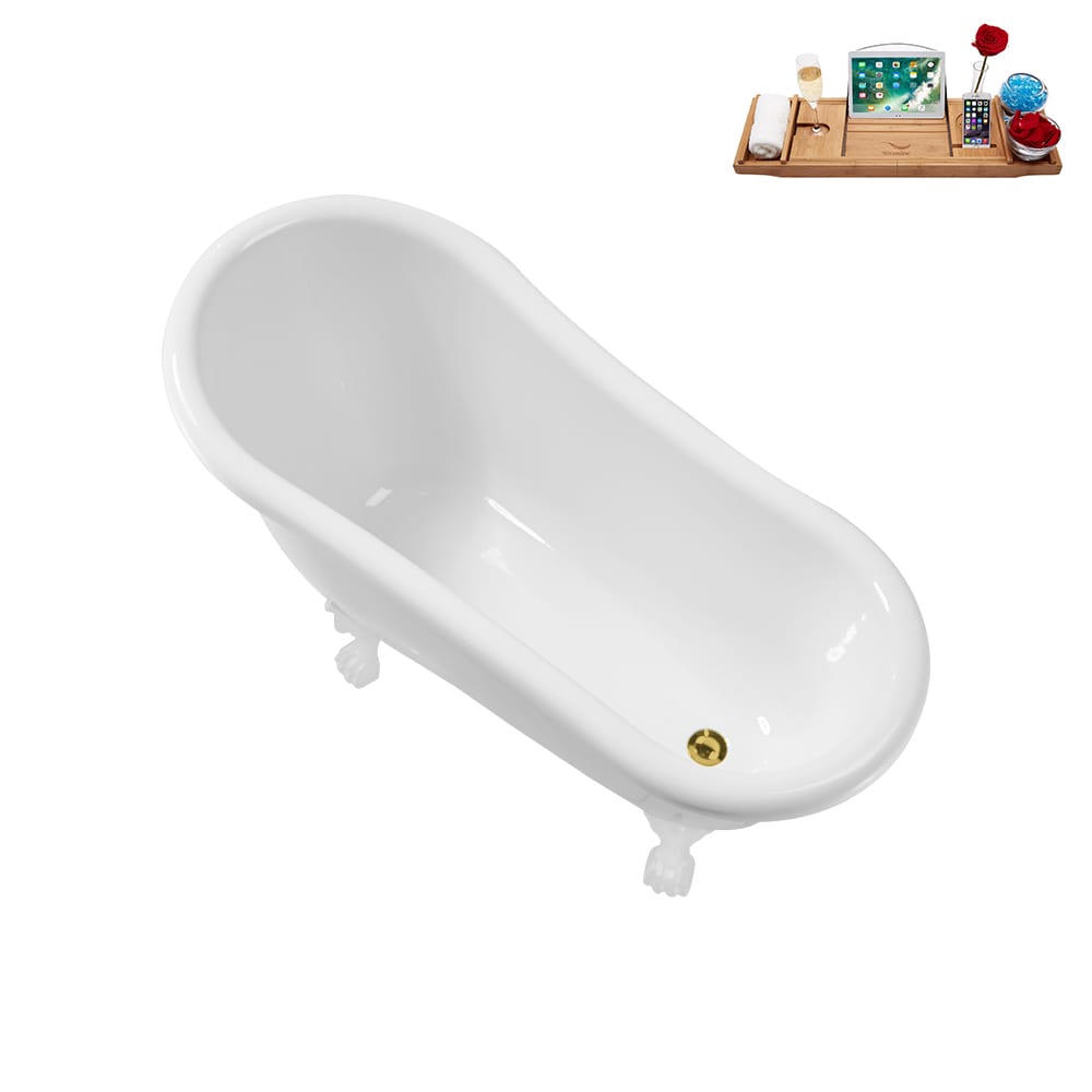 N488WH-IN-GLD 53 inch Clawfoot Oval Acrylic Bathtub and Tray in Glossy White with Reversible Drain