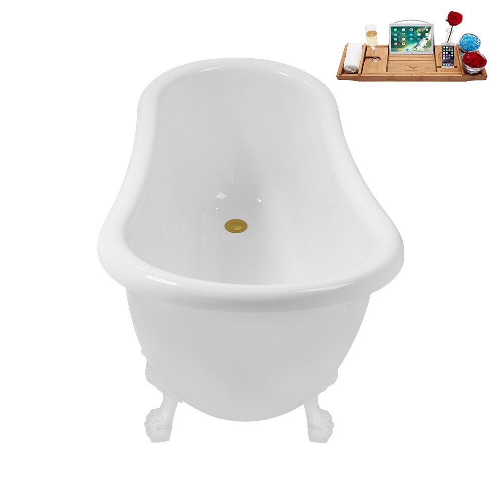 N488WH-IN-GLD 53 inch Clawfoot Oval Acrylic Bathtub and Tray in Glossy White with Reversible Drain