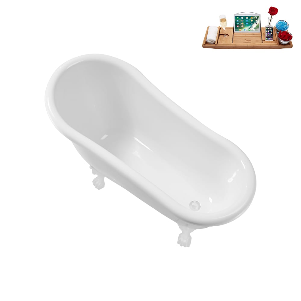 N488WH-IN-WH 53 inch Clawfoot Oval Acrylic Bathtub and Tray in Glossy White with Reversible Drain