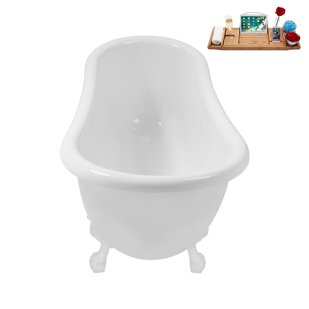 N488WH-IN-WH 53 inch Clawfoot Oval Acrylic Bathtub and Tray in Glossy White with Reversible Drain