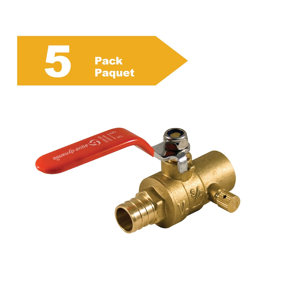 Robinet à tournant sphérique en laiton forgé à souder x PEX de 1 pouce avec drain sans plomb (paquet de 5)