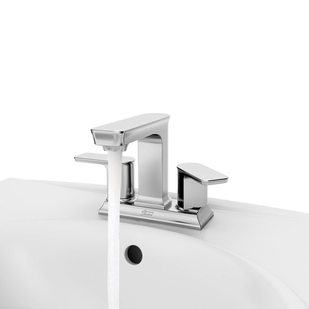 Robinet de salle de bain Forsey Centerset (4 pouces) à 2 poignées et à arc moyen en chrome poli (robinet et drain inclus)