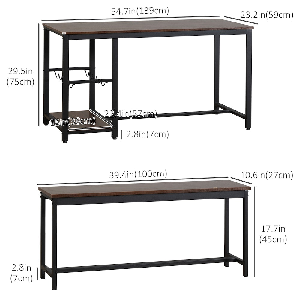 Rectangular Dining Table Set with Two Benches, 5-Bottle Wine Rack, for 4 People