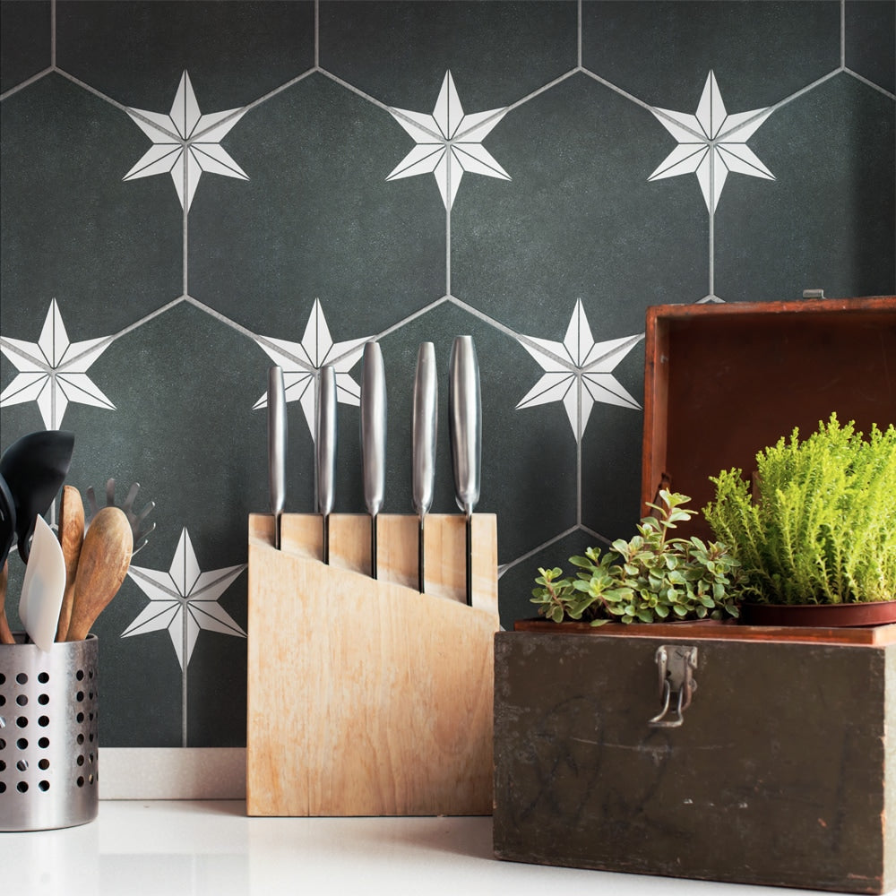 Sample - Stella Hex Night 8-5/8-inch x 9-7/8-inch Porcelain Floor and Wall Tile