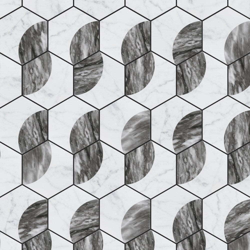 Sample - Classico Bardiglio Hex Moon Dark 7-inch x 8-inch Porcelain Floor and Wall Tile