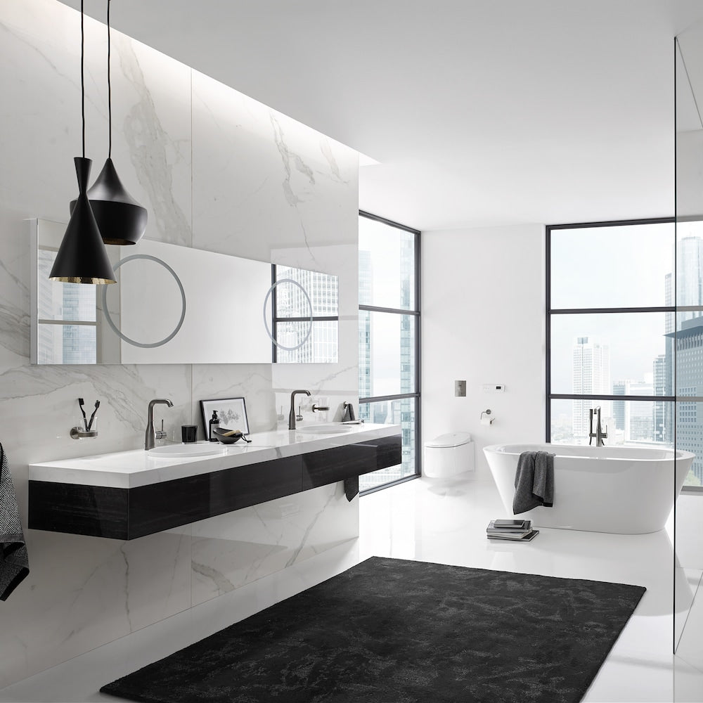 Robinet de lavabo de salle de bain à arc élevé à poignée unique et trou unique Essence en graphite dur (robinet et drain inclus)
