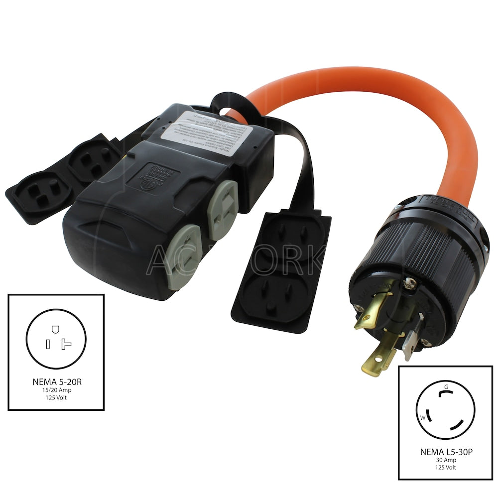 1.5FT L5-30P 30A 3-Prong Locking Plug to (4) Home Outlets with 20A Breakers
