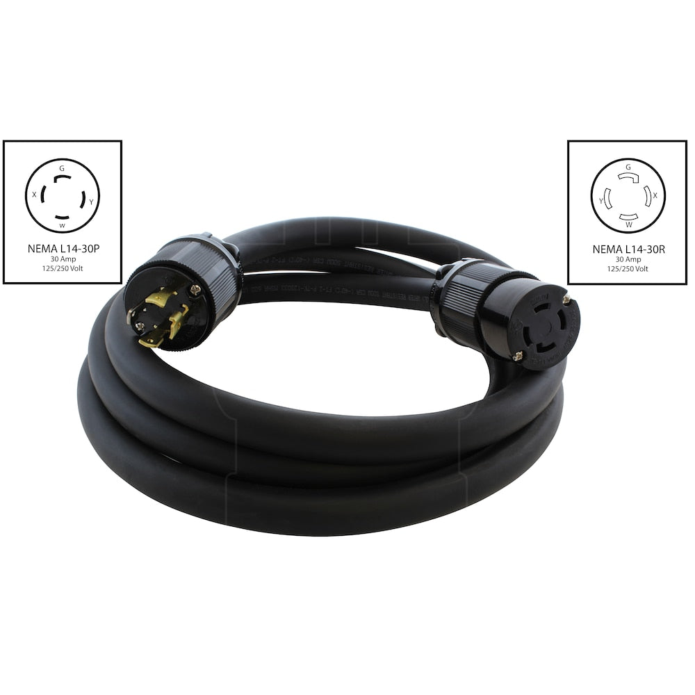 10ft 8/4 SOOW Super-Duty NEMA L14-30 30A 125/250V Generator Rubber Extension Cord