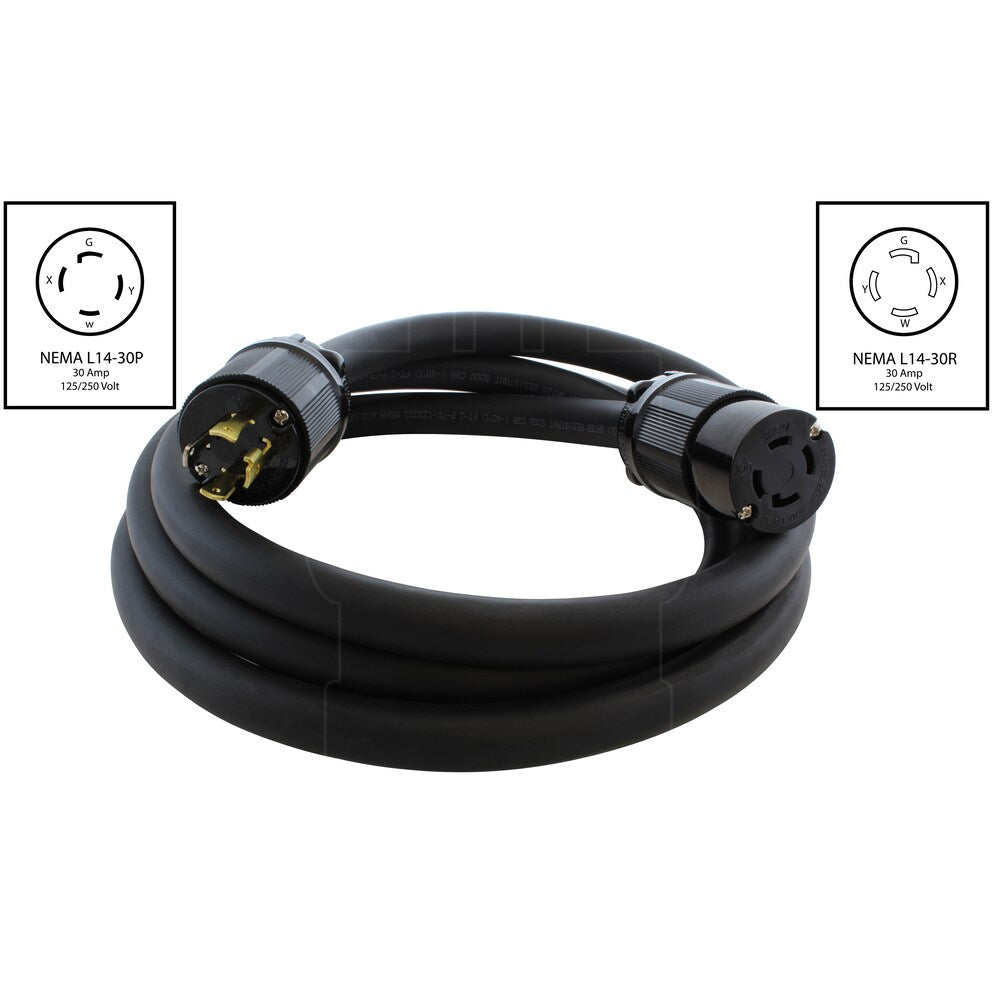 25ft 8/4 SOOW Super-Duty NEMA L14-30 30A 125/250V Generator Rubber Extension Cord