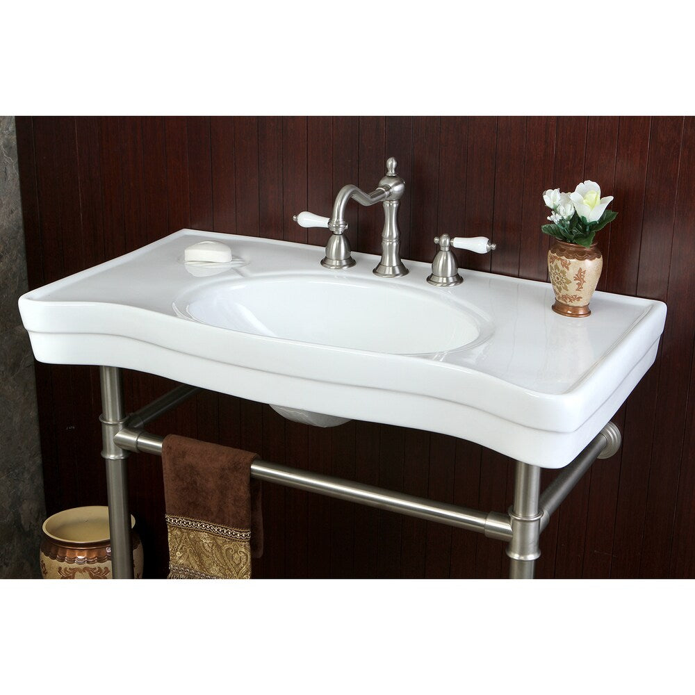 Heritage-Porcelain 8 inch Widespread 2-Handle Bathroom Faucet in Brushed Nickel