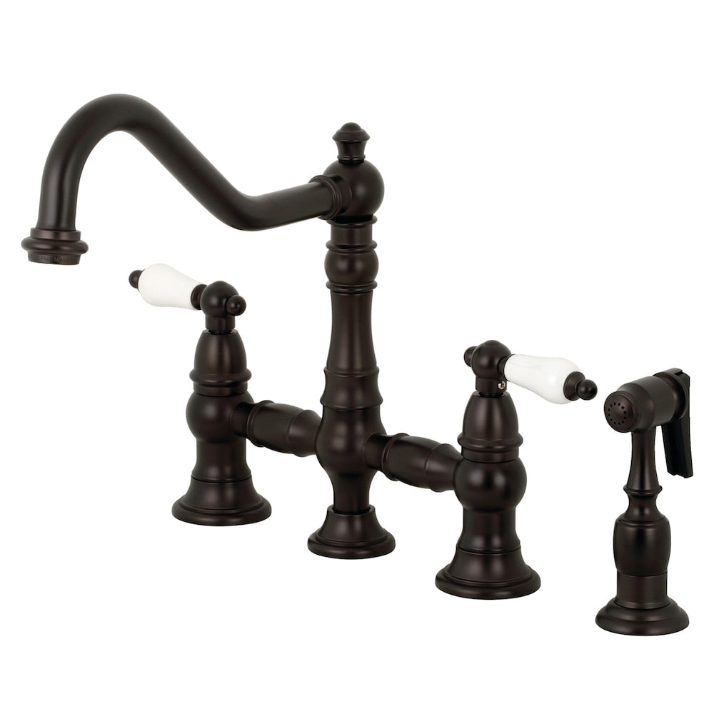 Robinet de cuisine à 2 poignées avec douchette Restoration en bronze huilé