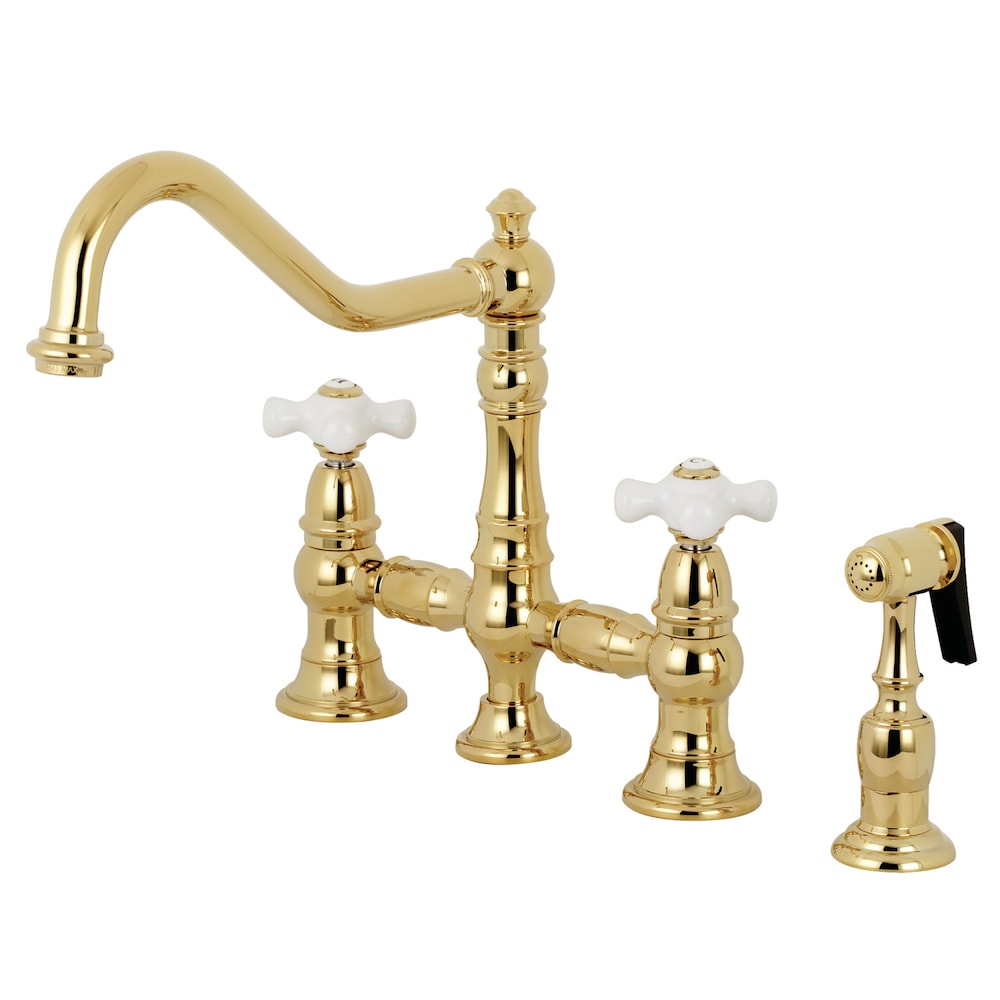 Restoration 2-Handle Bridge Kitchen Faucet with Side Sprayer in Polished-Brass