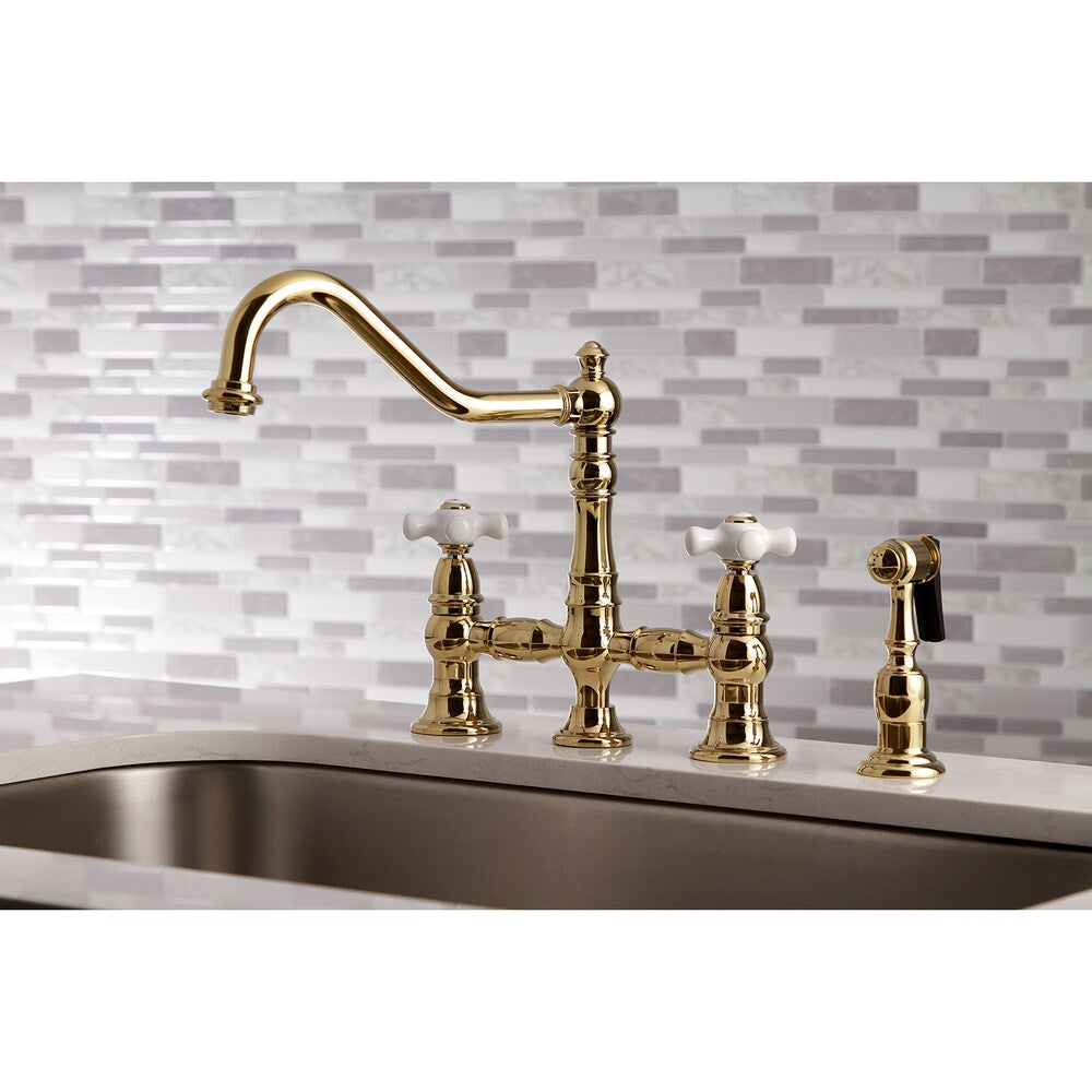 Restoration 2-Handle Bridge Kitchen Faucet with Side Sprayer in Polished-Brass