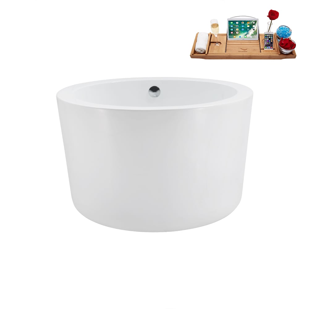 N3760CH 41 inch Freestanding Round Acrylic Bathtub and Tray in Glossy White with Center Drain