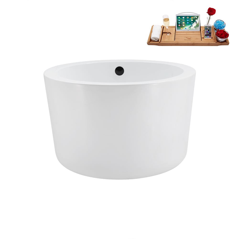 N3760BL 41 inch Freestanding Round Acrylic Bathtub and Tray in Glossy White with Center Drain